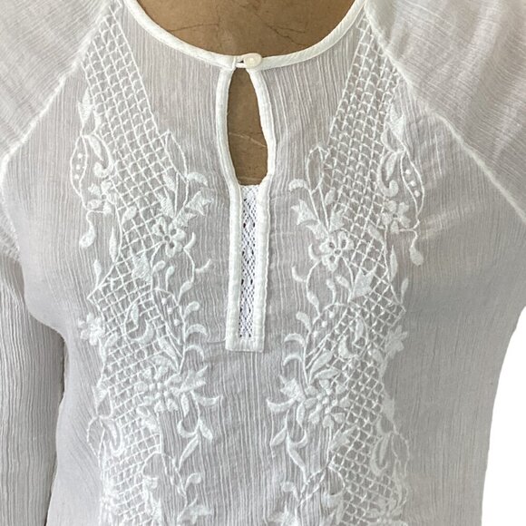 Chico's Cotton Gauze Embroidered BOHO Peasant White Noise Top Sz 1 (M/8) #283B - Picture 2 of 9